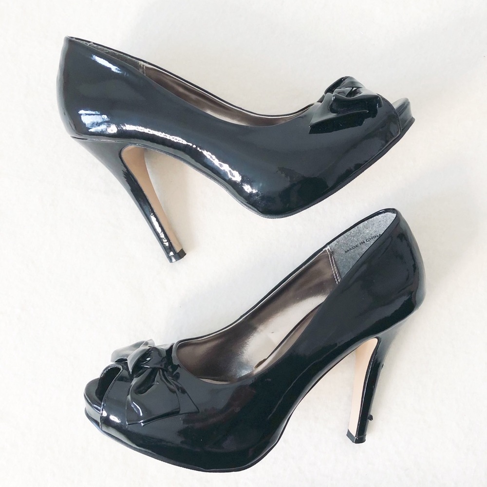 Zara Black Peep Toe Stiletto Heels Bow Detail Faux Vegan Patent Leather Shoes - Picture 5 of 16
